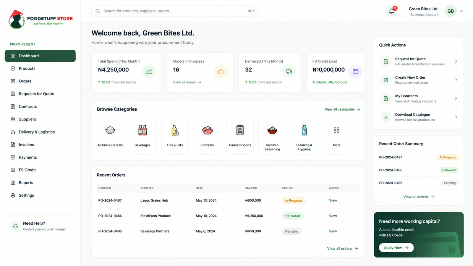 Foodstuff Store business dashboard showing monthly spend, orders in progress, deliveries and FS Credit limit